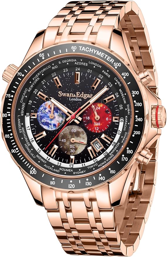 SWAN AND EDGAR World Timer Mechaquartz Chronograph Designer Watch for Men with Saphire Glass, Hand Assembled 30m Water Resistant Analogue Men's Watch