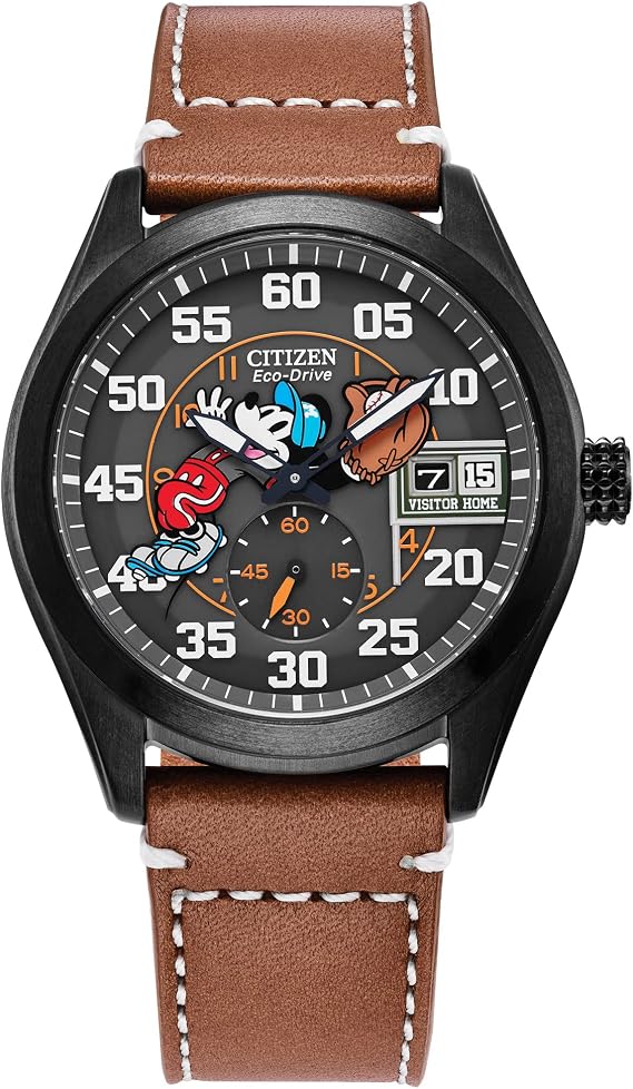 Citizen Men's Eco-Drive Disney Mickey Mouse Baseball Watch, Black IP Stainless Steel and Brown Leather Strap.43mm Model: BV1089-05W Black and Brown, Modern, Black and Brown. , Modern