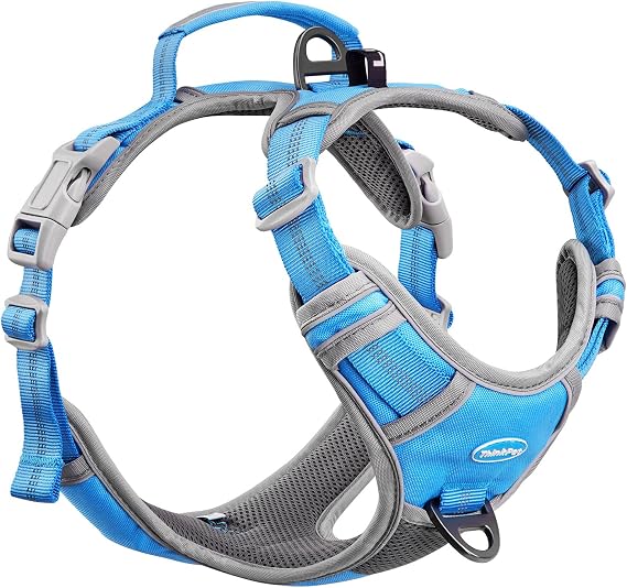 ThinkPet Çekme Koşum Takımı Nefes Alabilir Spor Koşum Takımı Kulp-Köpek Koşum Takımları Orta Büyük Köpekler için Yansıtıcı Ayarlanabilir, Kolay Kontrol için Arka/Ön Klips L Gök Mavisi