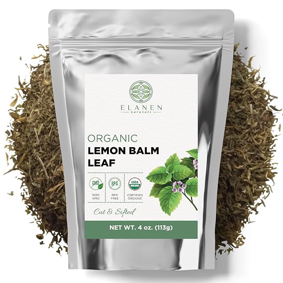 Elanen Naturals Organic Lemon Balm Herb 4 oz. (113g), USDA Certified Organic Lemon Balm Dried Loose Leaf Tea, Melissa Officinalis, Melisa Tea, Te De Toronjil, Cut & Sifted