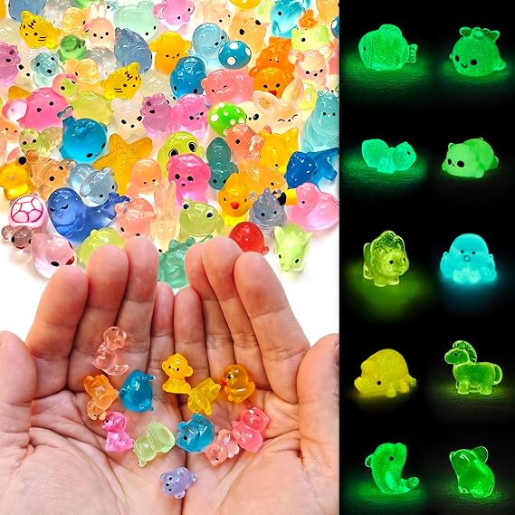 Mini Resin Animals Figures (Set of 60) | 60 Styles No Repeat, Glow in the Dark, Great for Micro Landscape Potted Garden Aquarium Dollhouse Decor (Small)