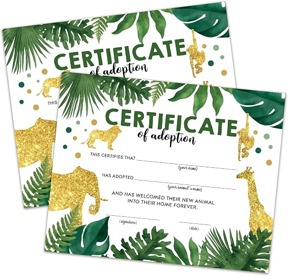 Safari Adoption Certificate - Adopt an Animal Certificate for Boy - Animals Adoption Party Decorations - Gold Wild One Party Animals Birthday Party Favors Supplies, 10 Adoption Certificates (CC08)