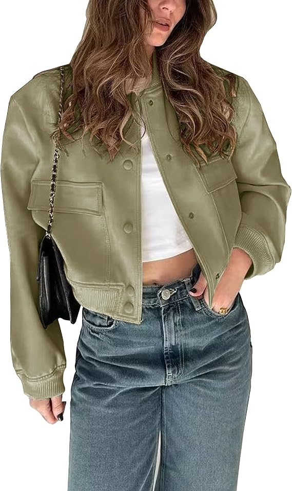 Megfie Short Bomber Jacket with Buttons for Women, College Jacket with Pockets