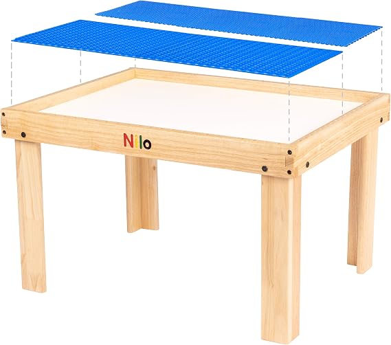 NILO Kids Activity Table Set with Two Double-Sided Baseplates/Boards/Mats (N34 Play Table with Holes, 24x32x20 and 2X Blue Base Plates 12x32)