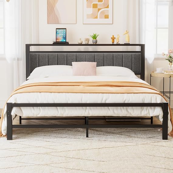 King Size Bed Frame with Storage Headboard, Metal Upholstered Platform Bed Frame King Size/Under Bed Storage/No Box Spring Needed, Dark Gray King Bed Frame