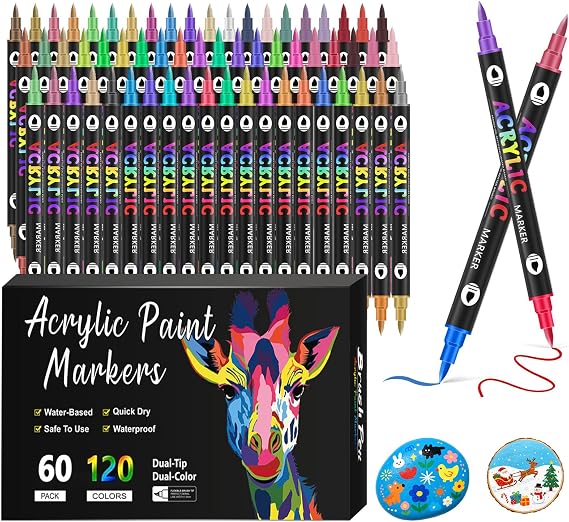120 Colors Acrylic Paint Markers, 60 Pack Dual Tip Acrylic Paint Pens, Soft Brush Tip Acrylic Paint Markers for Canvas Stone, Rock Painting, Paper, Glass, Wood, Egg