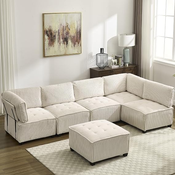 121 Inch Cloud Oversized Modular Sectional Sofa, U Shaped Modular Couch with Reversible Chaise, Comfy 6 Seat Convertible Sectional Sofa with Ottoman for Living Room, Beige
