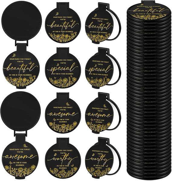 100 Pcs Inspirational Compact Mirror Bulk Small Pocket Mirror Purse Round Portable Folding Makeup Mirror Thanksgiving for Women Coworker Employee Teacher(Black)