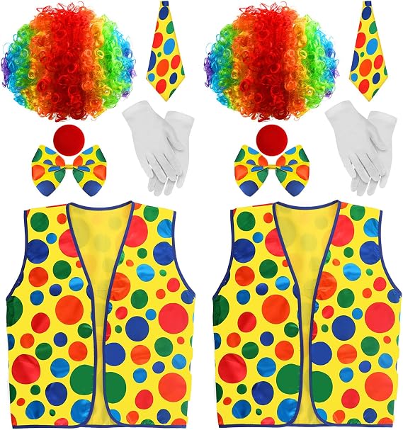 Funtery 12 Pcs Clown Costume Set - Clown Nose, Vest, Wig, Bow, Tie, White Gloves for Circus Cosplay Party