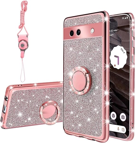 for Google Pixel 7a Case, Glitter Rose Crystal Soft TPU Luxury Cute Protective Cover with Kickstand for Google Pixel 7a (6.1")