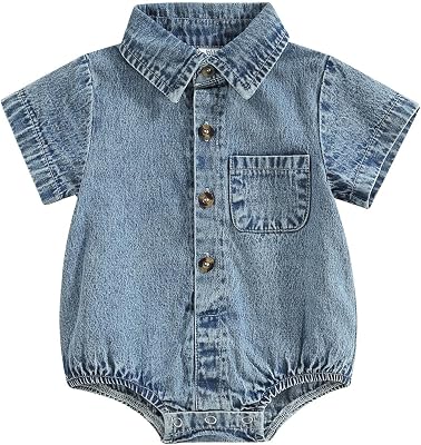 Toddler Baby Boys Girls Clothes Turn-Down Collar Onesie Denim Romper Jumpsuit Casual Jeans Summer Shortall Outfit