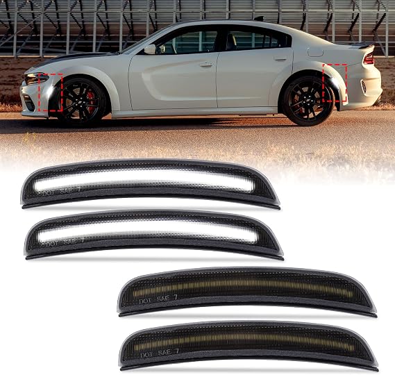 OPP ULITE Side Marker Lights for Dodge Charger LD 2015-2023 Front Rear Bumper, 130pcs Led Chip Smoked Lens Plug & Play White Parking Lamp, 4PCS Front & Rear LED Fender Side Light