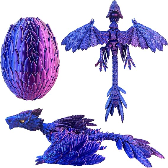 Extra Large Dynamic 3D Printed Dragon Egg with Dragon Inside,Open and Close Mouth with Wings Movable and Eyes, Feathered Wyvern Articulated Crystal Flying Fidget XL Bird Animals (Laser Purple)