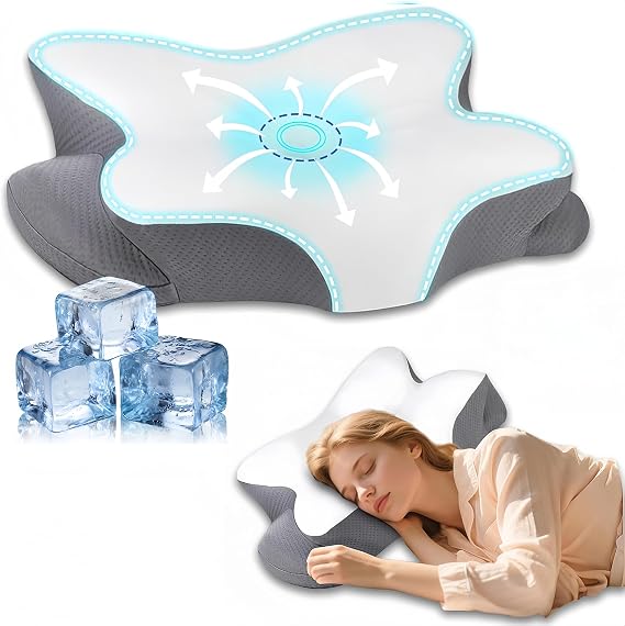 Memory Foam Cervical Pillow - Cooling Side Sleeper Pillow for Sleeping, Ergonomic Memory Foam Pillows for Neck Support, Contour Orthopedic Bed Pillow for Back Stomach Sleepers (White and Grey)