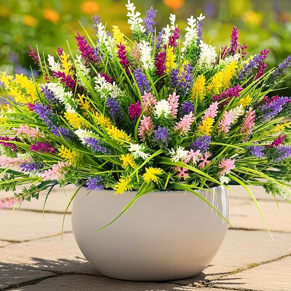 N&T NIETING 10 Bundles Artificial Plants Outdoor Fake Monkey Grass with Flowers Summer Plastic Faux Greenery for Pot Garden Verandah Decor Window Patio Hanging Planter Pathway Front Porch (Mix Color)