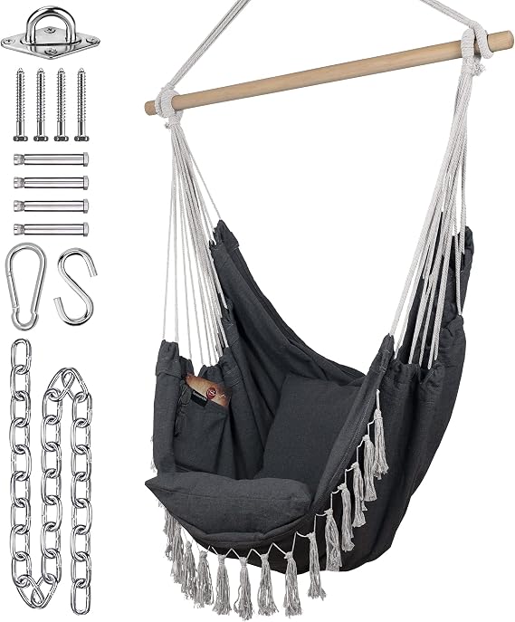 KOMOREBI Hammock Chair - Grey - 60" x 47" - Hanging Rope Swing for Indoor & Outdoor - Soft & Durable Cotton Canvas - 2 Cushions Included - Large Macrame Hanging Chair for Bedroom, Patio, Porch