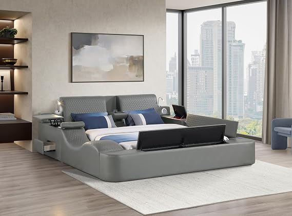 Multifunction King Size Bed, Modern Luxury Leather Smart Bed Frame with Adjustable Headboard/Massage Recliner/USB Port/Music Speaker/Storage Footstool/Storage Shelf &Drawer,Gray
