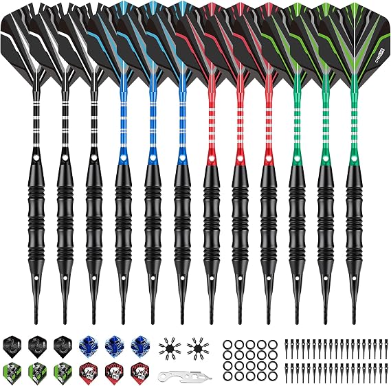 CyeeLife Darts Plastic Tip - Professional Soft Tip Darts Set - 12 Pcs 20 Gram with 50 Extra Tips 12 Shafts 24 Flights 20 Rubber Rings 2 Flight Protectors and Tool for Electronic Dartboard
