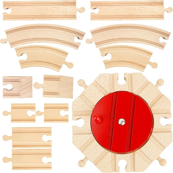 15 Pcs Wooden Train Track Bulk Hardwood Track Rotating Turntables Wood Train Track Expansion Packs Compatible with Most Railway Set