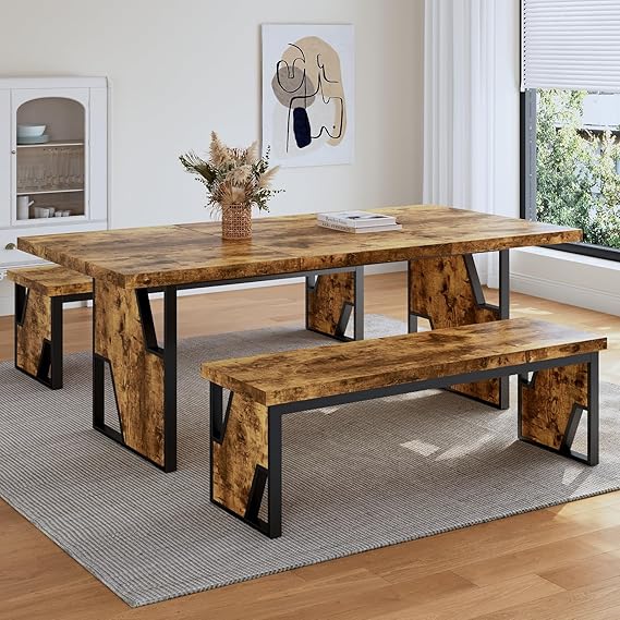 HIPIHOM 70.8" Wooden Dining Table with 2 Benches Kitchen Table and Chairs | Modern Table and Chairs set for 4-6 person, Thickened MDF Wooden Table with Dining Bench, for Living Dining Room, Office