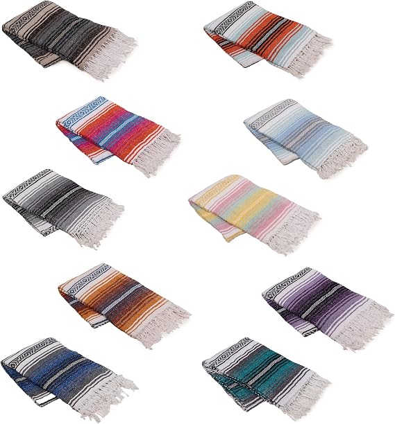 Cozumel Bulk Mexican Yoga Blanket, 10 Pack, Assorted | Authentic Yoga Blanket Woven in Mexico - Serape Throw Blanket for Studio, Outdoor Picnic, Camping, Saddle, Bed/Home Decor