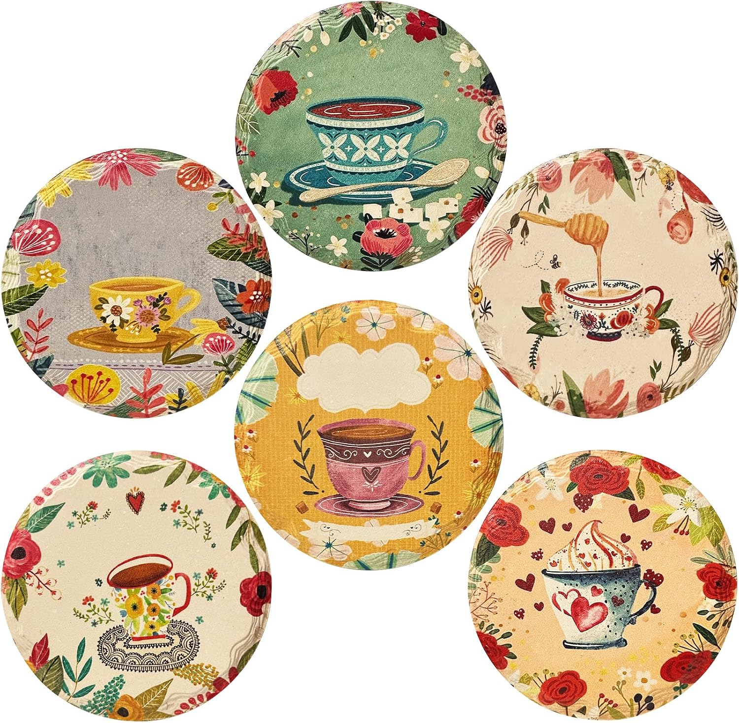 YumSur Christmas Drink Coasters Set of 6 with Holder - Absorbent Ceramic Stone Coasters with Cork Bottom - Heat and Scratch Resistant Decorative Drink Mats