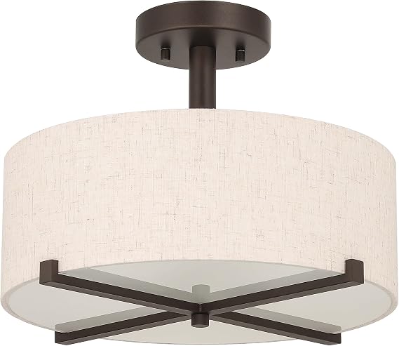 XiNBEi Lighting 15" Linen Drum Semi Flush Mount Ceiling Light for Bedroom | 3-Light, Modern Bronze Close to Ceiling Lamps,Fabric Shade, Glass Diffuser, For Dining Room Kitchen Hallway Foyer Entry