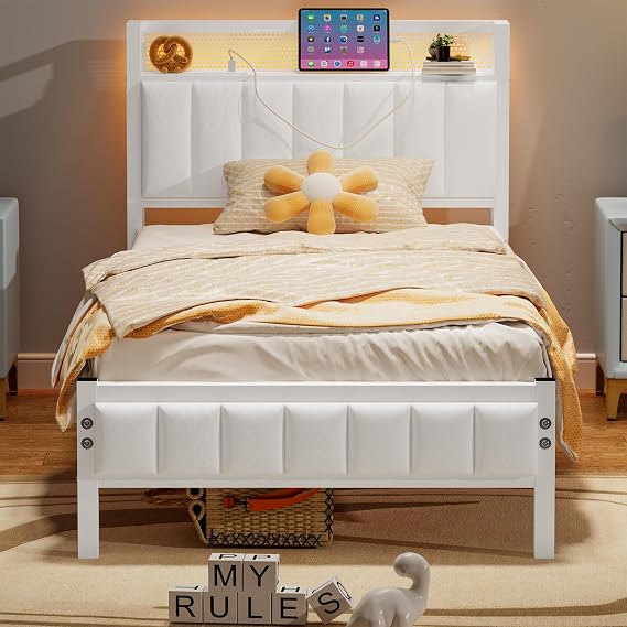 Single Bed Frames with Storage Headboard and Charging Station/LED Lights,Heavy Duty Metal Bed Frame Single No Box Spring Needed,Solid Bedstead Base/Strong Steel Slats Support/White