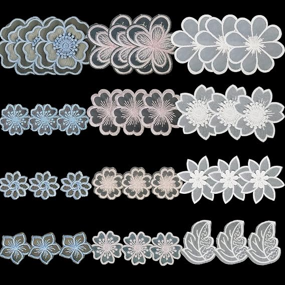 Yayatty 36 Pcs Lace Flowers Applique Embroidery Flowers Rose Leaf Sew Iron On Patch, Organza Patches Applique for Wedding Bridal Dress Sewing Craft DIY Clothes Hair Ornaments
