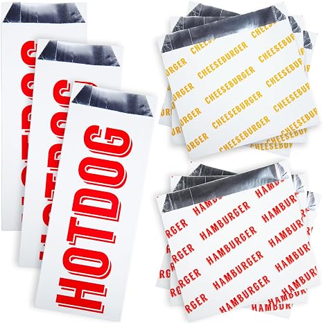 Retro, Grease-Proof Food Wrapper 30 Combo Pack. 10 Each Hamburger, Cheeseburger and Hot Dog Sturdy Bags. Heat Proof, Restaurant Grade, Allergen Friendly BBQ Foil Paper Supply for Themed Party Event