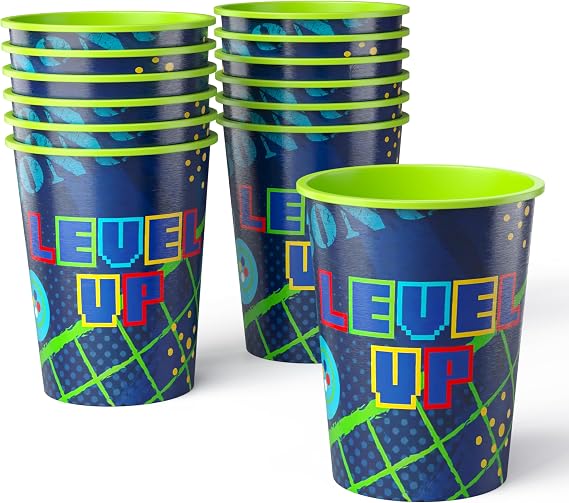 Amscan Pack of 12 Reusable 16 oz Plastic Cups Durable Party Cups for Kids, Stackable and BPA-Free Fun Level Up Gaming Theme Design for Birthdays, Parties, Summer & More