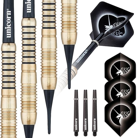 Unicorn Soft Tip Darts Set, Core, 100 Percent Brass Barrels, 16g, 17g, 18g or 19g