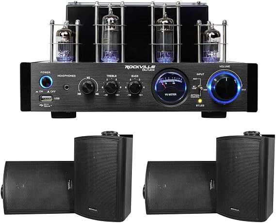 Rockville BluTube LED 70W Tube Amplifier Bundle with 4 HP5S-8 BK Speakers