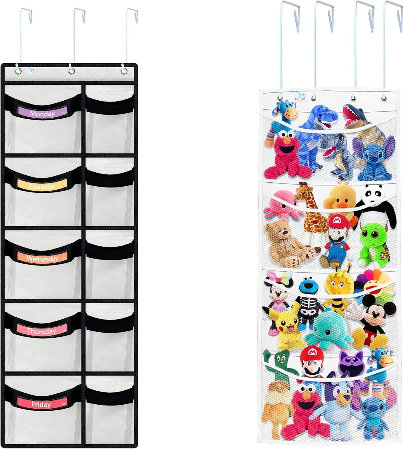10 Large Pocket kids clothes organizer, 1-Pack, WhiteBlack, Plus 4 Pocket Plush Animal Organizer, 1-Pack, White, Space Saving Design