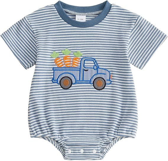 Newborn Baby Boy Easter Outfit Carrot Truck Embroidery Short Sleeve Striped Romper Cute Baby Boy Summer Clothes