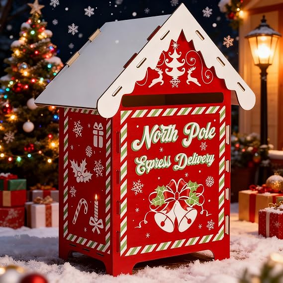 13.8 x 9 x 7 Inch Christmas Mailbox Letters to Santa Claus Wooden Red North Pole Mailbox Retro Outdoor Postbox for Home Classroom Gift Wish List Mantel Entryway Decorations