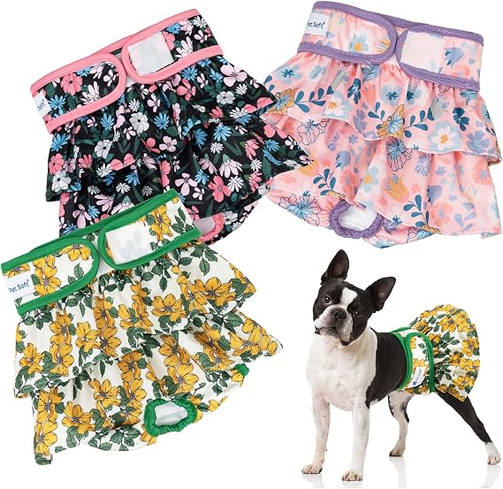 Pet Soft Female Dog Diapers - 3Pack Washable Dress-Style Dog Diapers Female for Girl Dogs in Heat - Reusable Doggy Period Panties Puppy Diaper (Floral, M)