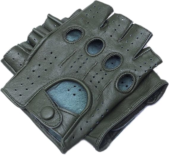Driving Gloves Half Finger Finger Less Knuckle Holes For Men Genuine Leather (Medium, Commando Green)