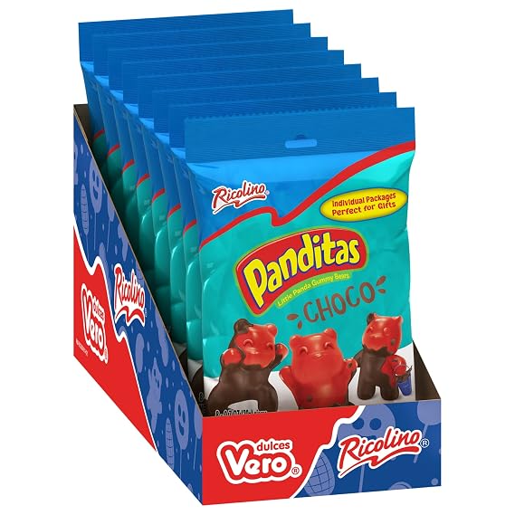 Ricolino Panditas Choco, Little Panda Gummy Bears Candy Pack, Strawberry Artificially Flavored with Chocolate Flavored Coating, Box of 8 Bags, Each Containing 8 Individually Wrapped 0.7 Ounce Large Gummies, Net Weight of 44.8 Ounces