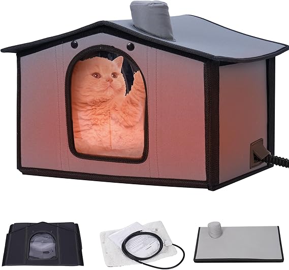 Rengue Compact Heated Cat House, Small Cat Houses for Indoor Cats with Waterproof, Windproof, Plush Interior, Safe Low Voltage, Easy to Clean for Semi-Outdoor Use (13'' x 12'' x 17'')