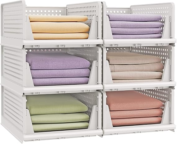 SONGMICS Stackable Wardrobe Storage, Foldable Closet Organiser, Set of 6 Pull-Out Baskets, Closet Storage and Organisation, Bedroom, Office, Bathroom, White LPC600WZ01 | Storage & Organization, Plastic, Bedroom, Office, Bathroom, Set of 6, White LPC600WZ01