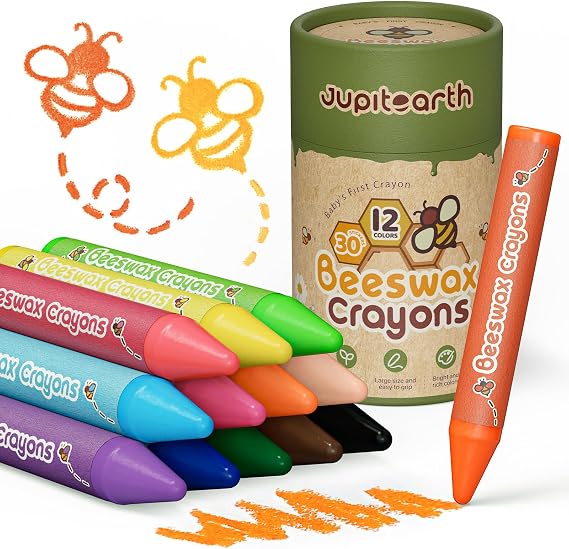 JUPITEARTH Beeswax Crayons for Toddlers 13, Jumbo Silky Crayons, 12 Colors