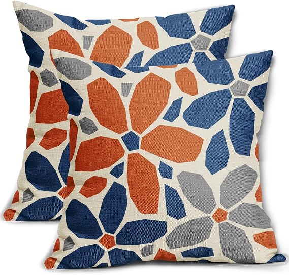 Blue Orange Grey Gray Pillow Covers 18x18 Set of 2 Geometric Art Flower Print Decorative Outdoor Pillowcases Abstract Floral Farmhouse Throw Cushion Case Decor for Couch Sofa Bed