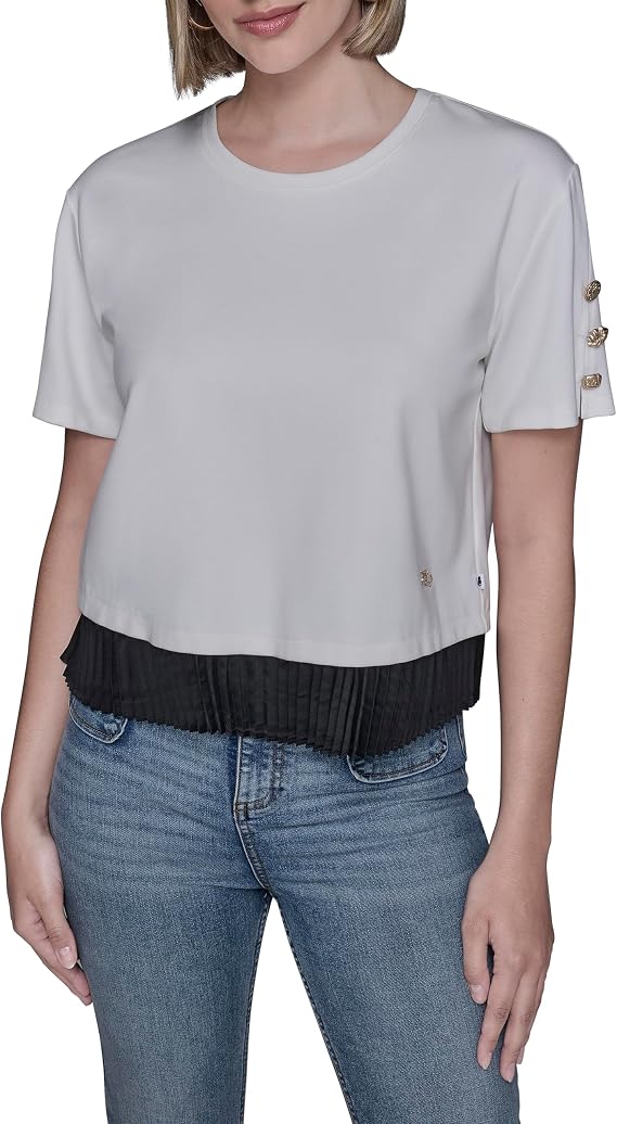 Karl Lagerfeld Women's Short Sleeve Pleated Border Crewneck Essential T-Shirt