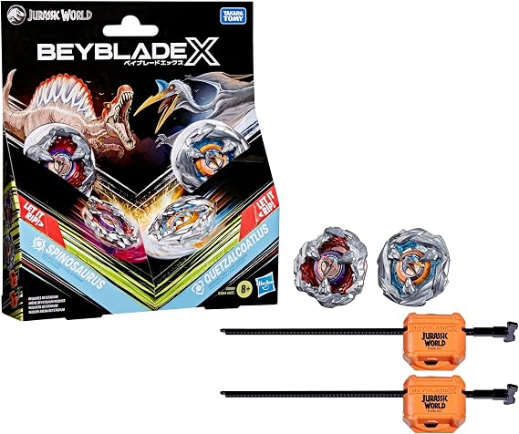 Beyblade X Jurassic World Collab Spinosaurus vs. Quetzalcoatlus Multipack Set, 2 Takara Tomy Tops, 2 launchers, Battling Tops Game, Dinosaur Toys, Ages 8+