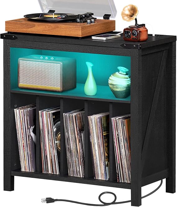 Large Record Player Stand with Charging Station & LED Lights, Black Vinyl Record Storage Holder Holds up to 230 Albums, Turntable Stand with Display Shelf for Music Room Bedroom Living Room.