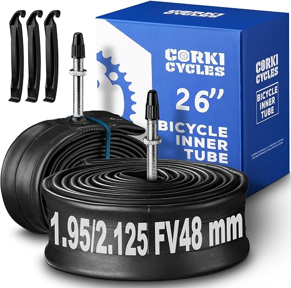 26 Inch Mountain Bike Tire Inner Tube 26 x 1.75 1.85 1.9 1.95 2.0 2.1 2.125 2.2 2.25 2.3 2.35 2.4 4.0 Presta 48mm Schrader Valve 32mm, Heavy Duty Butyl Rubber 26in MTB Bicycle Tube Replacement 2 Pack