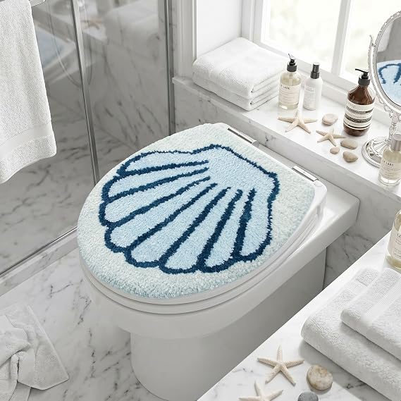 Blue Shell Bathroom Toilet Seat Cover Cute Sea Toilet Seat Cover Machine Washable Stylish and Soft Bathroom Decor Fits Most Round, Oval, and Rectangular Toilet Seats (327-BK-sea shell)