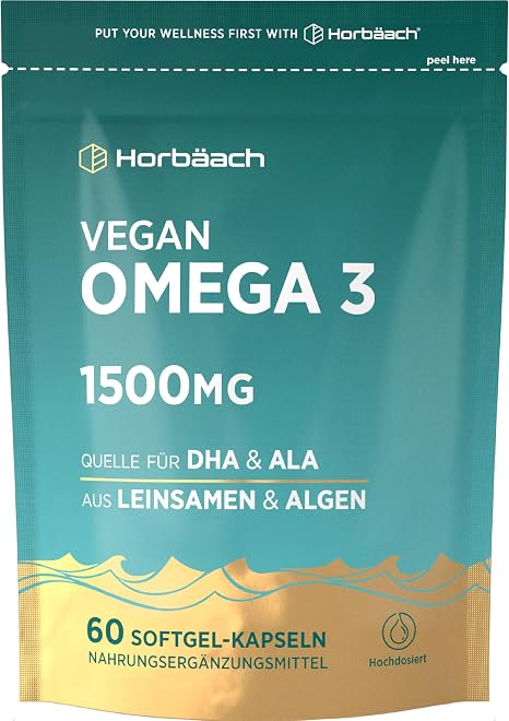 Horbaach Omega 3 Vegan High Dose of Algae Oil 1500 mg 60 Capsules with ALA EPA and DHA per Serving