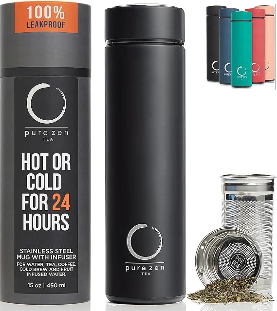 Pure Zen Tea Insulated Tea Infuser Bottle, 15 oz, Tea Thermos with Infuser